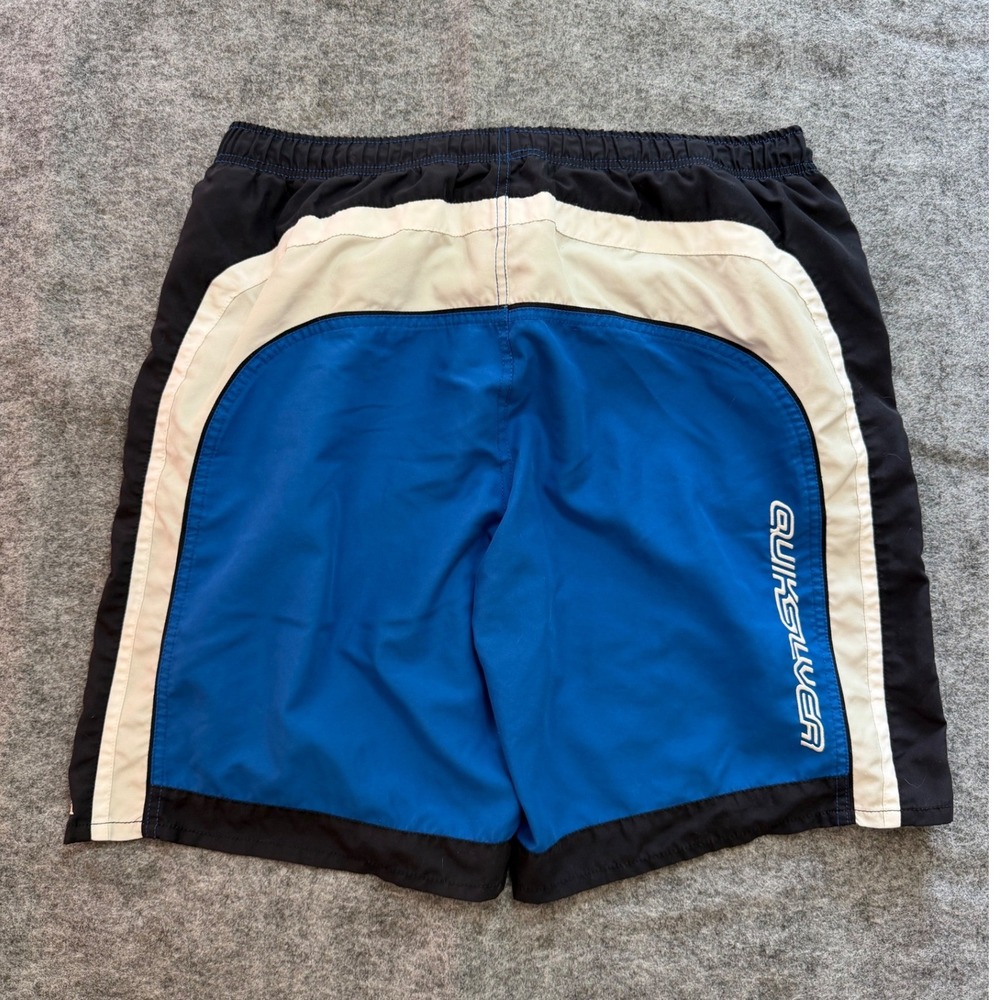 Vintage Y2K Quiksilver Board Shorts Mens Large Blue Black Mesh Lined Swim Trunks